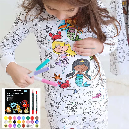 Colorable Two Piece Pajama Set for Children Boys Girls Color Your Own Handcraft Pyjamas Kids DIY Coloring Kit for Pajama Party